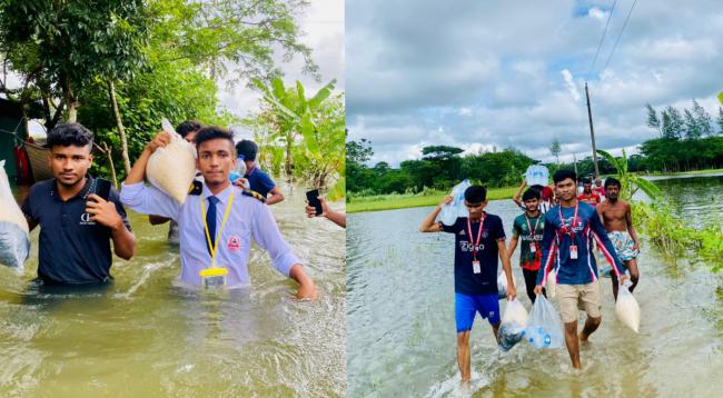চরকাদিরা ইউনিয়ন পানিবন্দীদের কাছে প্রাণ পৌঁছে দিচ্ছেন শিক্ষার্থীরা। ছবি: যুগের কণ্ঠস্বর